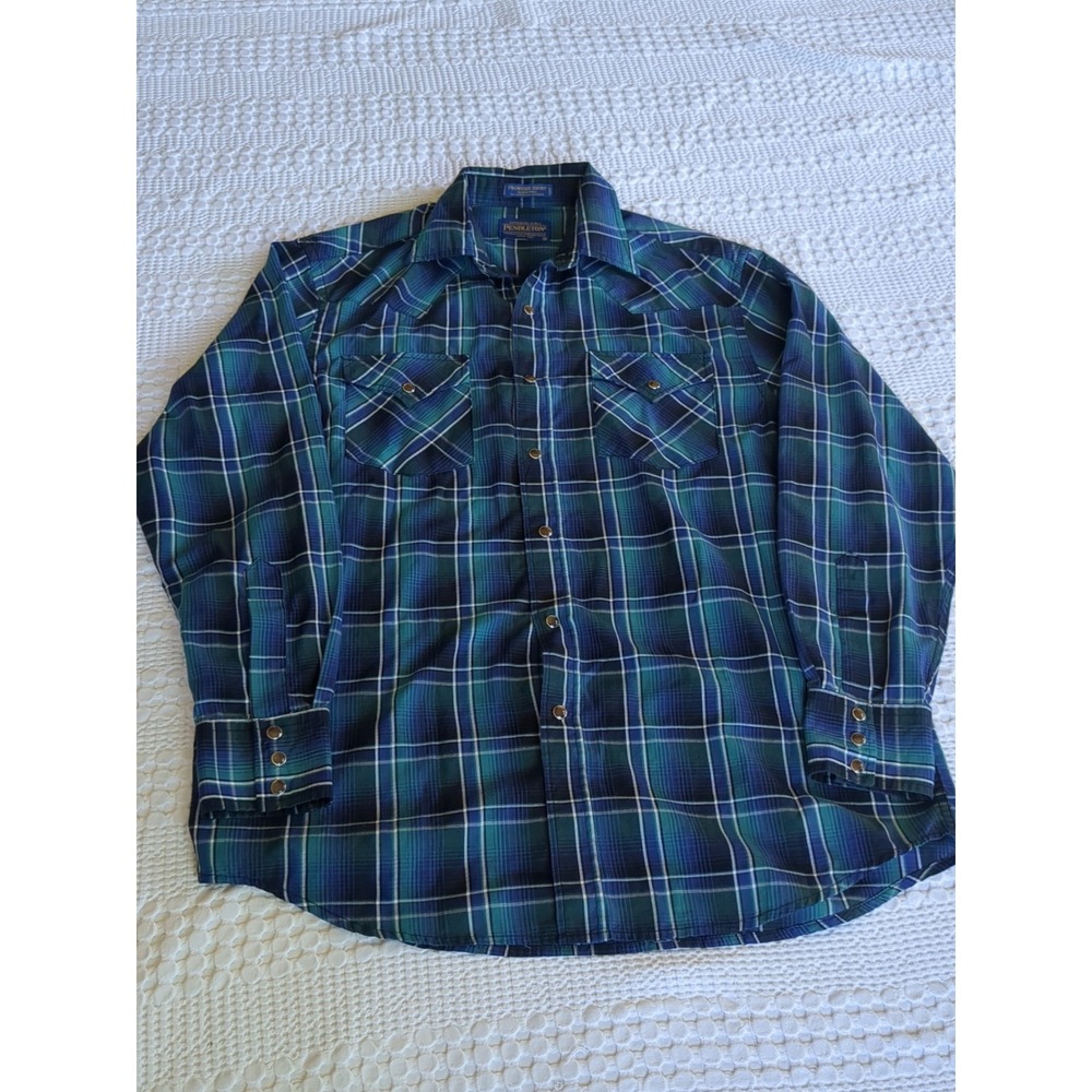 Pendleton Frontier Shirt Pearl Snap Long Sleeve Size Medium Plaid Blue Green